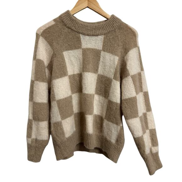 SANDRO Damier Checkerboard Mohair Blend Sweater In Beige size 3 L $370 - Picture 2 of 6